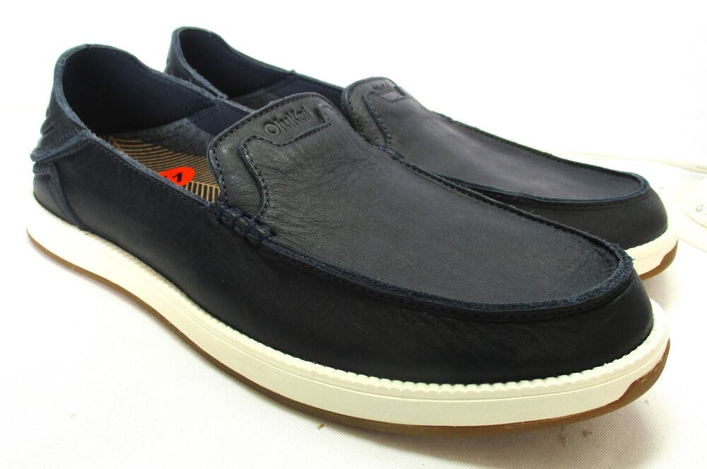 New OLUKAI Kakaha Nia Navy Blue Leather Slip On Loafers Drop-In Heel